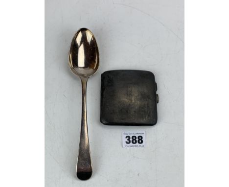 Silver cigarette case 3" sq and silver tablespoon, total w: 4.9 ozt