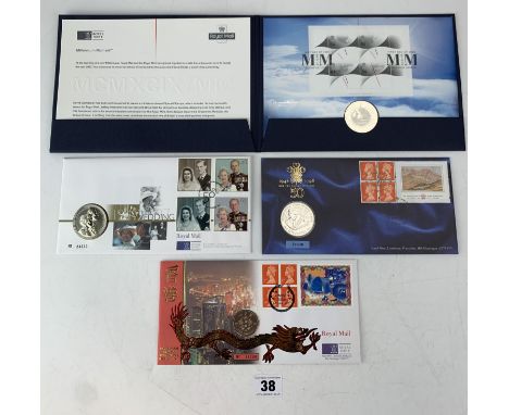 4 Royal Mail/Royal Mint Five Pound Coin First Day Covers - 50th Birthday of the Prince of Wales 1998, Golden Wedding Annivers