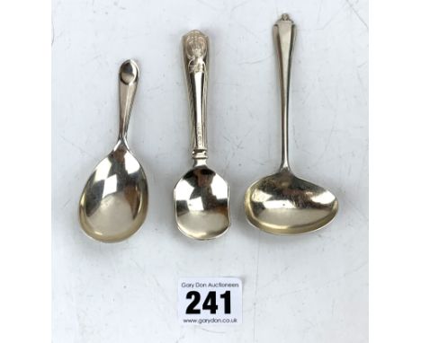 3 assorted silver caddy/sugar spoons, total w: 1.2 ozt
