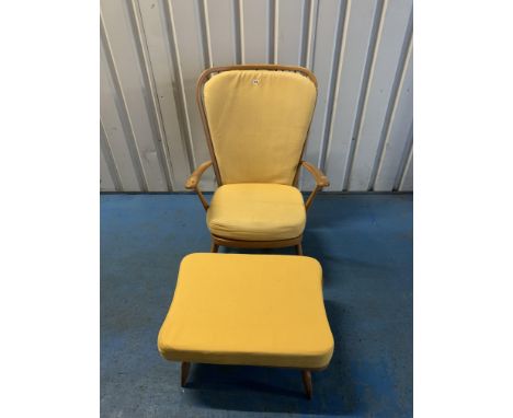Blond Ercol style armchair with cushions 28"w x 24"d x 40"h and matching footstool 26"w x 20"d x 9.5"h