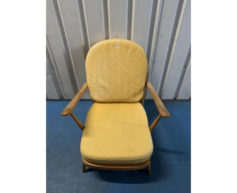 Blond Ercol style low armchair with cushions, 28"w x 29"d x 29.5"h