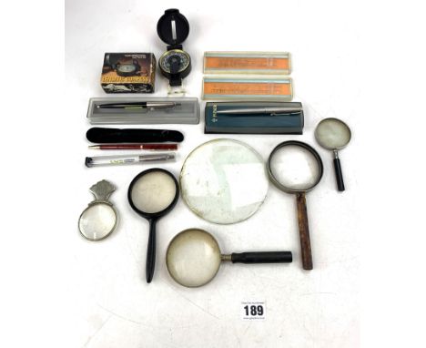 6 magnifying glasses, boxed Lensatic Compass, 3 cased Parker ballpoint pens, red ballpoint pen and 2 cased Standardgraphs