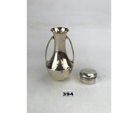 Silver 2-handled vase 5" high and silver lidded trinket pot, total w: 3.8 ozt