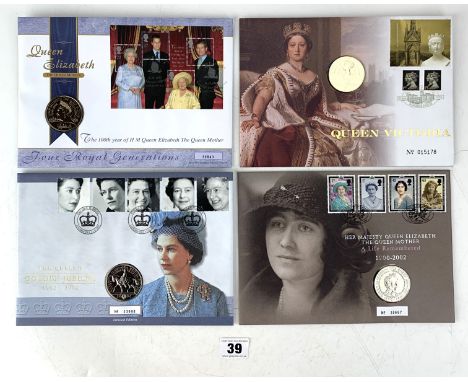 4 Royal Mail/Royal Mint Five Pound Coin First Day Covers - The Queen Mother A Life Remembered 2002, Queen Victoria 2001, The 