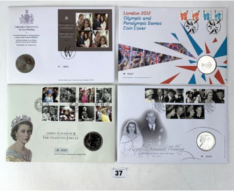 4 Royal Mail/Royal Mint Five Pound Coin First Day Covers - The Royal Wedding of Prince William and Catherine 2011, London Oly