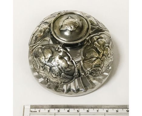 HM SILVER &amp; CUT GLASS CHERUB INKWELL - 13 CMS DIAMETER