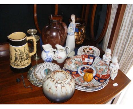 Assorted ceramic wares, including Imari plate, lustre jug, etc.