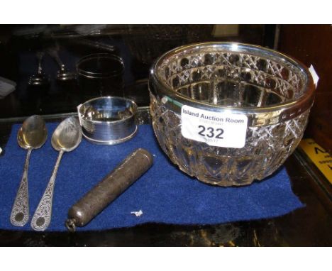 Silver rimmed cut glass bowl, napkin ring, etc.