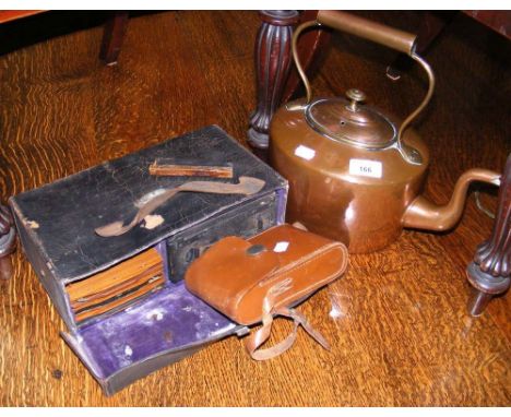 Victorian copper kettle, together with a camera and plates, etc.
