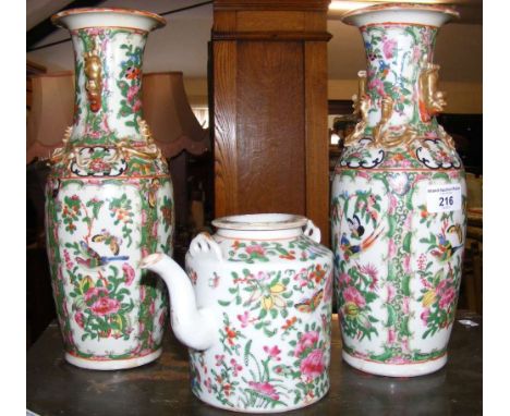 A pair of Cantonese Famille Verte vases, together with a teapot