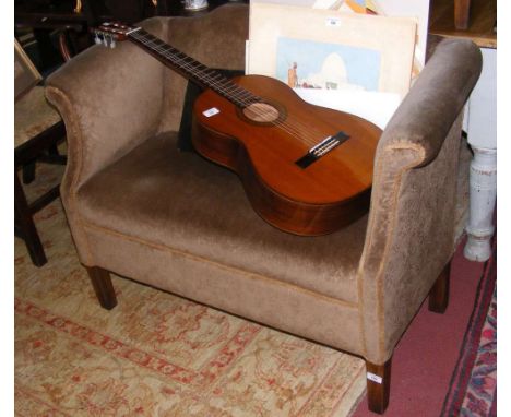 Small proportioned antique drawing room sofa, upholstered in patterned light brown floral material