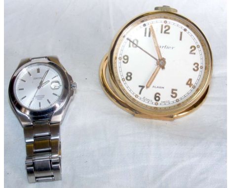 Cartier bedside alarm clock, together with a gent's wrist watch