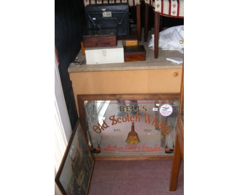 Selection of boxes, Bell's Scotch Whisky advertising mirror and a selection of pictures