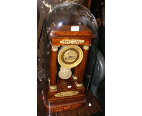 Large 19th century walnut cased portico clock standing on inlaid base - under glass dome - 68cm high