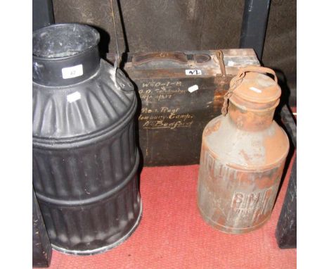 Old metal can and one other, together with a vintage tool chest