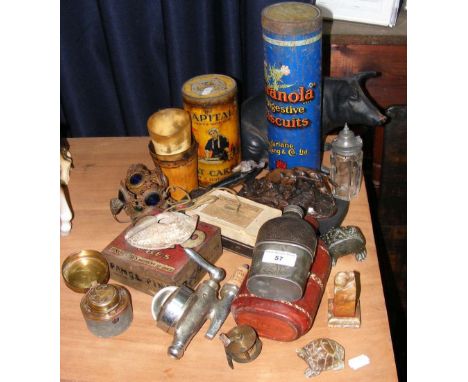 Various collectables, including hip flask, pins, etc.