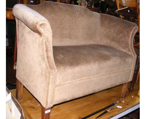 Small proportioned antique drawing room sofa, upholstered in patterned light brown floral material