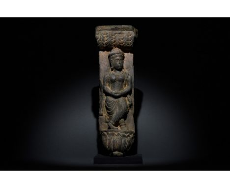 100-300 AD. Gandharan. Beautiful schist figure of a female figure, who stands on a lotus, gazing serenely into the distance. 