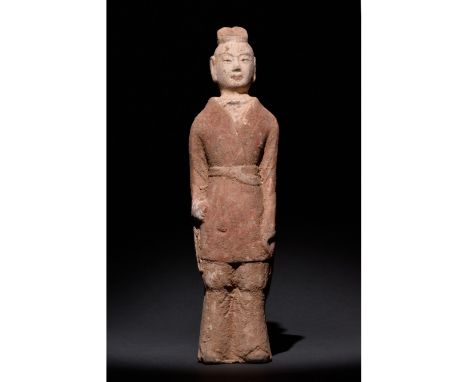 C. 500 AD. Chinese Northern Wei Dynasty. A carefully crafted male attendant figure dressed in a pinkish-red tunic and brown t