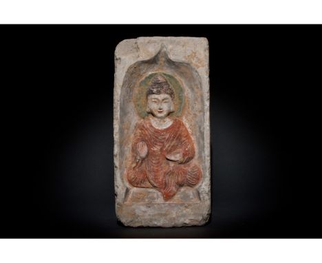 C. 386-534 AD. Chinese Northern Wei Dynasty. A terracotta brick in a cream-coloured fabric featuring a beautiful depiction of