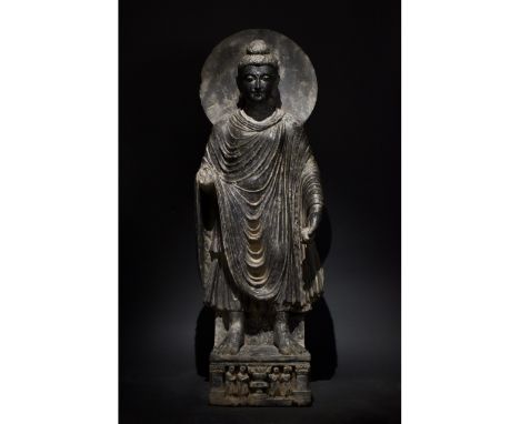 100-300 AD. Gandharan. A huge grey schist figure of a standing Buddha figure. This excellent figure is backed by a circular h