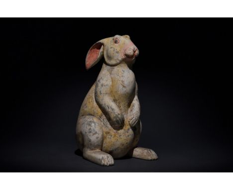 C. 206 BC - 220 AD. Han dynasty. A hollow-formed terracotta rabbit figurine with a white pelt and coral-pink pigmentation on 