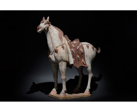 C. 618 - 907 AD. Chinese Tang Dynasty. A beautiful hollow-moulded terracotta horse, modelled in a standing pose on a square b