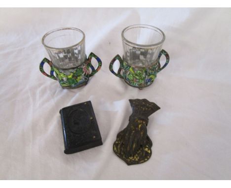 2 enamel beakers, Victorian Vesta case & Victorian paper clip