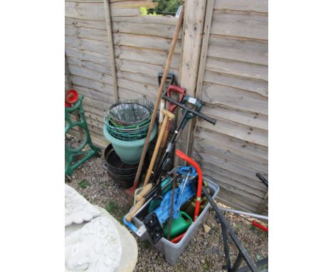 Collection of garden tools, hanging baskets etc