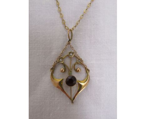 Gold antique garnet & seed pearl pendant on chain