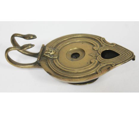 A brass Victorian oil lamp in ancient Egyptian style, stamped B&amp;AB Patent, length 19cm. 
