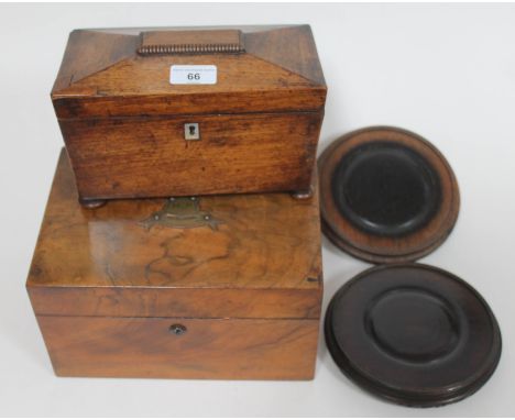 A Victorian walnut sewing box with hinged lid and contents, a Regency rosewood sarcophagus shaped tea caddy and a pair of Chi