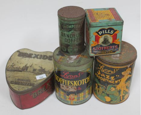 A group of five vintage storage tins, comprising heart shaped Brexide Super Caramels, Thompsons Dandelion Coffee, Lyons Toffi
