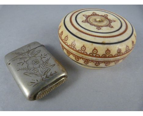 A Bone handpainted snuff box and a silverplated Vesta/Matchstriker