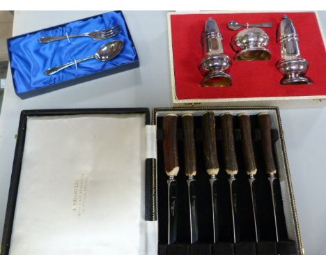 A Boxed christening spoon and fork, Silverplated boxed condiment set and a box containing Horn Handled knives