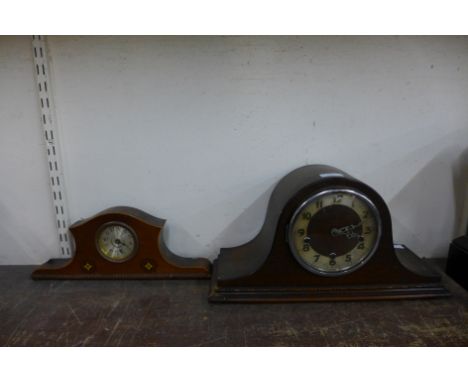 An oak mantel clock and an inlaid mahogany mantel clock