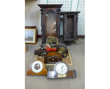 An Art Deco walnut mantel clock, Vienna clock cases, etc.