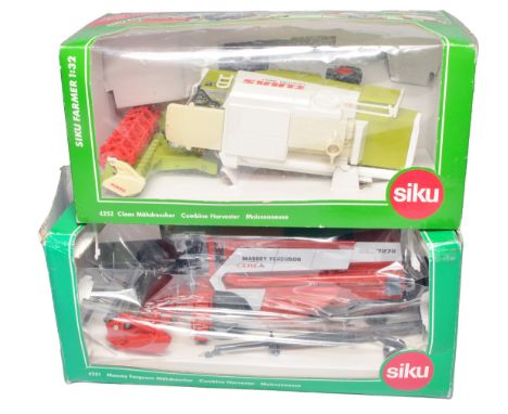 Siku 1/32 farm model duo comprising Massey Ferguson and Claas Combine issues. Claas issue displayed. Boxes notably worn.