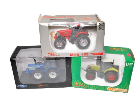 Universal Hobbies 1/32 farm model trio comprising County 1474 Tractor and two others as shown. No obvious sign of faults albe