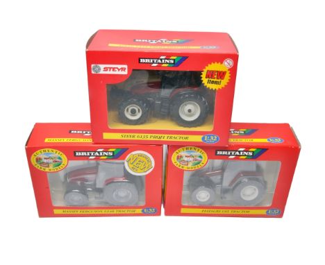 Britains 1/32 farm model issues comprising trio of tractor models to include Steyr 6135, Fiatagri L85 and Massey Ferguson 614