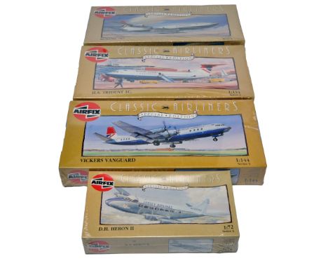 A group of four Airfix Classic Airliners plastic model kits – all boxed. Includes Boeing 707, H.S. Trident 1C, Vickers Vangua