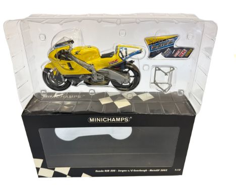 A 1:12 scale Minichamps die-cast model motorcycle of the Honda NSR 500 as ridden by Jurgen van den Goorbergh in MotoGP 2002. 
