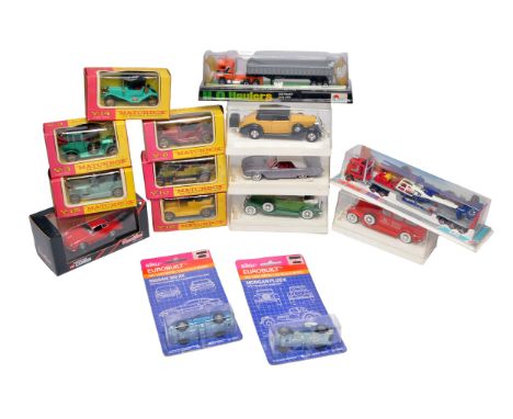 A mixed group of die-cast model vehicles from various manufacturers, including Matchbox, Corgi, Siku, and Maisto. The lot inc