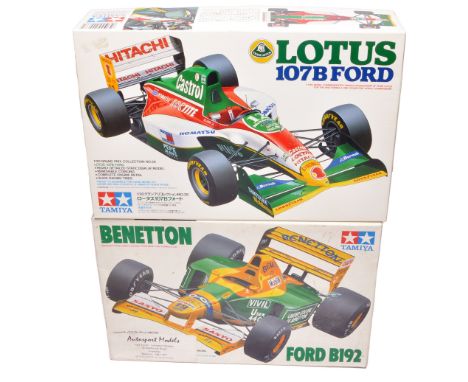 A duo of Tamiya 1:20 scale model kits, comprising Lotus 107B Ford (Castrol livery) and Benetton Ford B192. Both are part of t