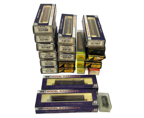 A group of boxed N gauge model railway items including coaches and wagons from Graham Farish, Dapol and Peco. Notable example