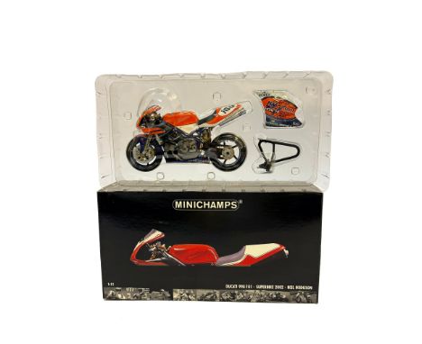 A Minichamps 1:12 scale die-cast model of the Ducati 998 F01 Superbike as ridden by Neil Hodgson in 2002. Signed. Excellent i