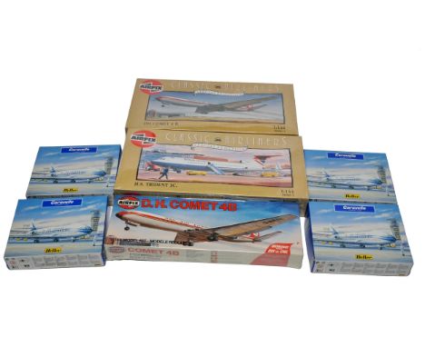 A group of plastic model airliner kits – all boxed. Includes four Heller Caravelle kits (Air France livery), Airfix Classic A
