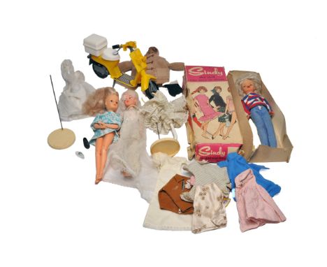 Pedigree 1960's Sindy Box with an unknown doll in poor to fair condition plus other items to include Sindy Scooter, two Sindy