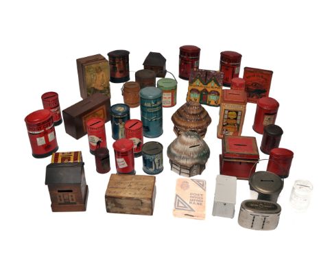 An interesting collection of Vintage Money Boxes in metal, tinplate, wood and paper m�ch�, to include Post Office, Bank, Chad