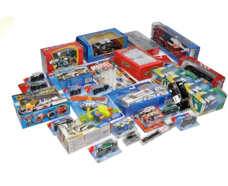 A group of model vehicles and sets themed around emergency and police services, including a LEGO City set, Marvel Hero helico
